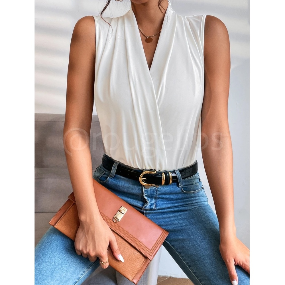 Draped Sleeveless Surplice V-Neck Blouse Top White Overlapping Front Snap Button - Picture 3 of 8
